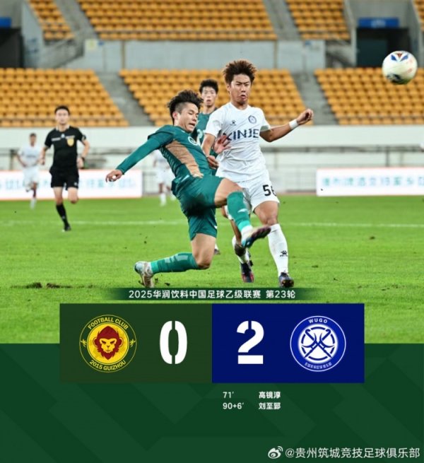 FULL TIME——中乙决赛阶段（第23轮），贵州筑城竞技0-2无锡吴钩