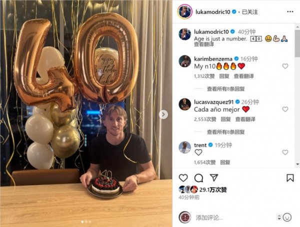 莫德里奇晒寿辰蛋糕：年事仅仅数字，40岁😬💪🏻🙏🏻