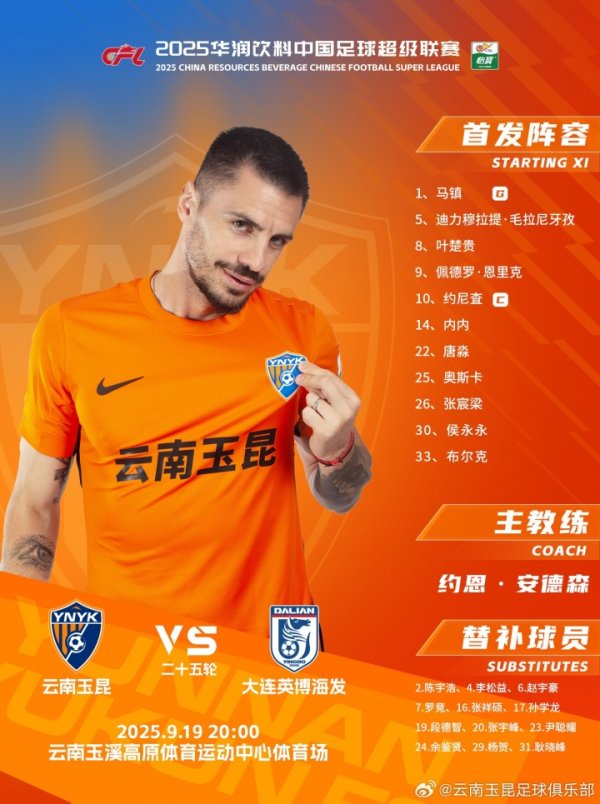 云南玉昆vs大连英博海发 本场比赛云南玉昆 首发威望出炉💪