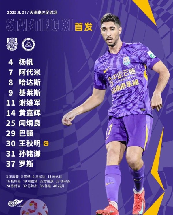 中超第25轮主场对阵深圳新鹏城，天津津门虎首发出炉！