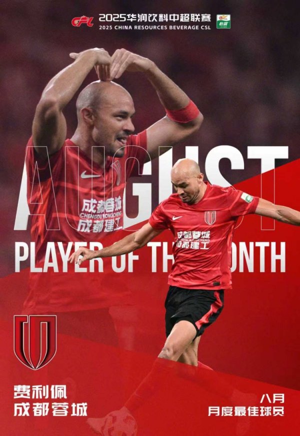 两场梅开二度，官方：蓉城时尚费利佩当选中超联赛8月最好球员