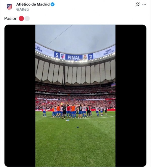 全场感奋！马竞官推放出该队5-2打败皇马后庆祝的视频