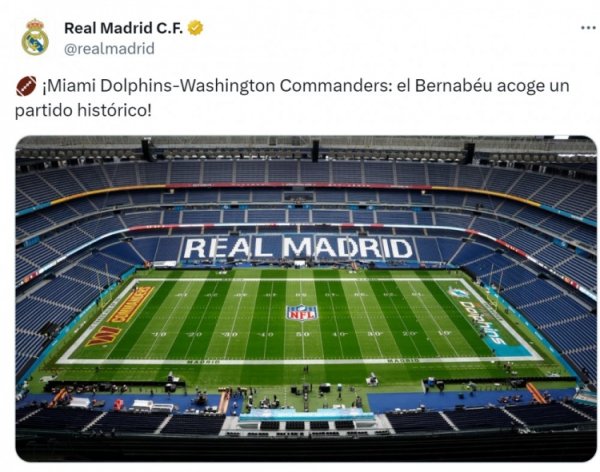 创造历史！皇马晒伯纳乌球场像片，预热今晚进行的NFL比赛